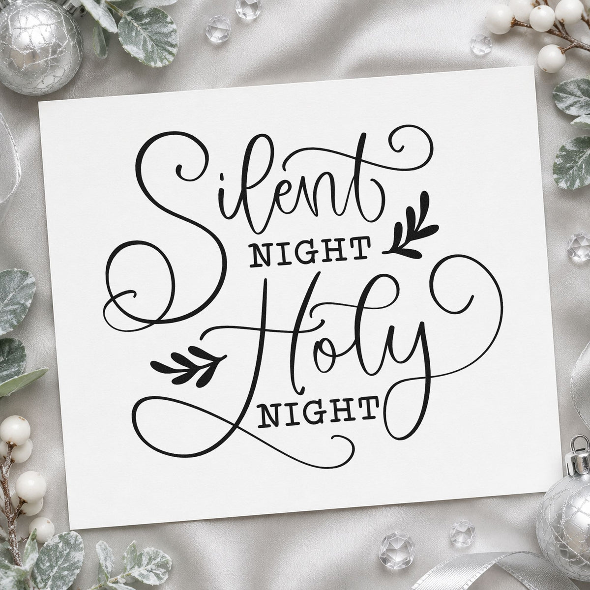 Silent Night Holy Night rubber stamp printed in black ink, ready for silent night cards and similar paper crafts.
