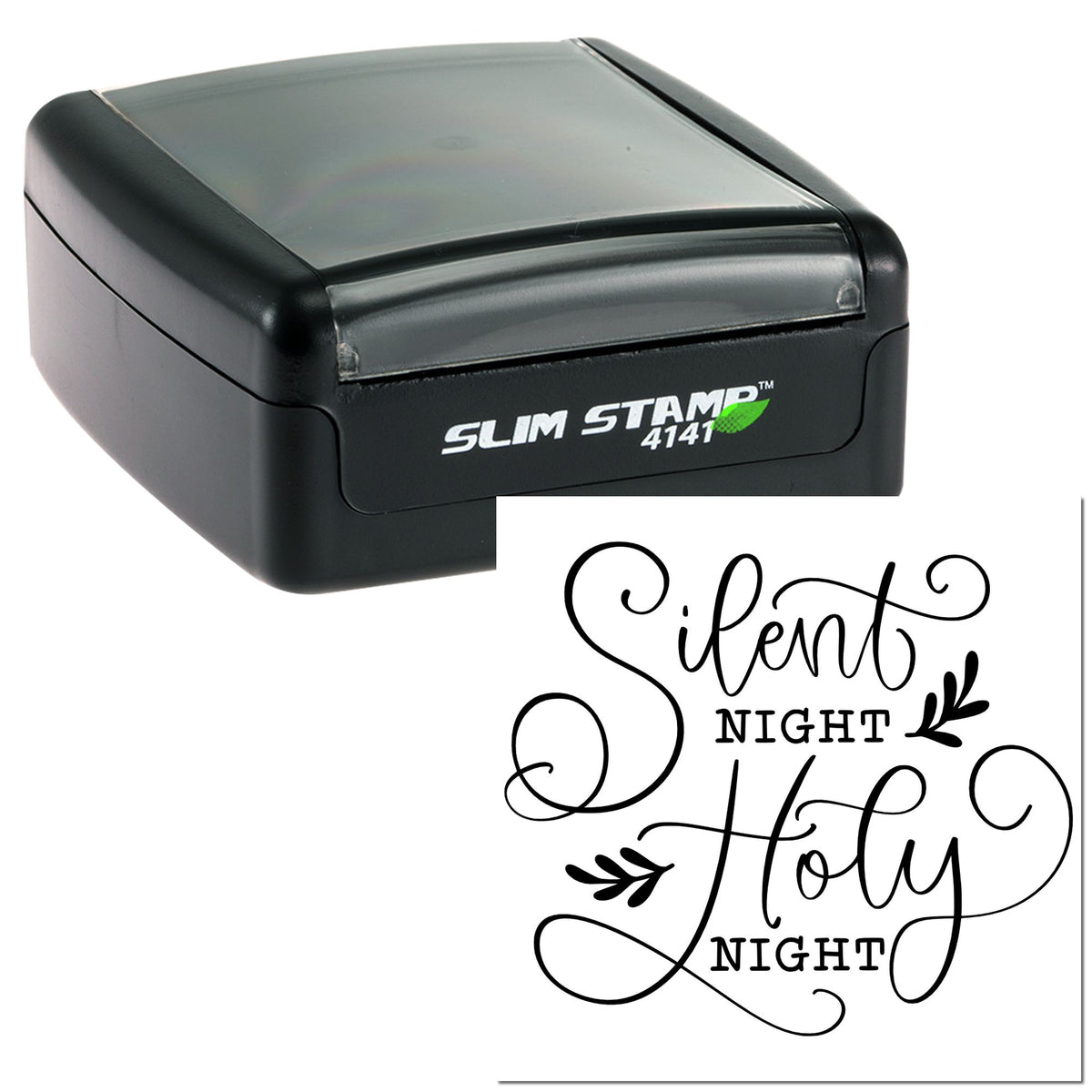 Black self-inking Slim Stamp 4141 with white paper showing Silent Night Holy Night decorative imprint