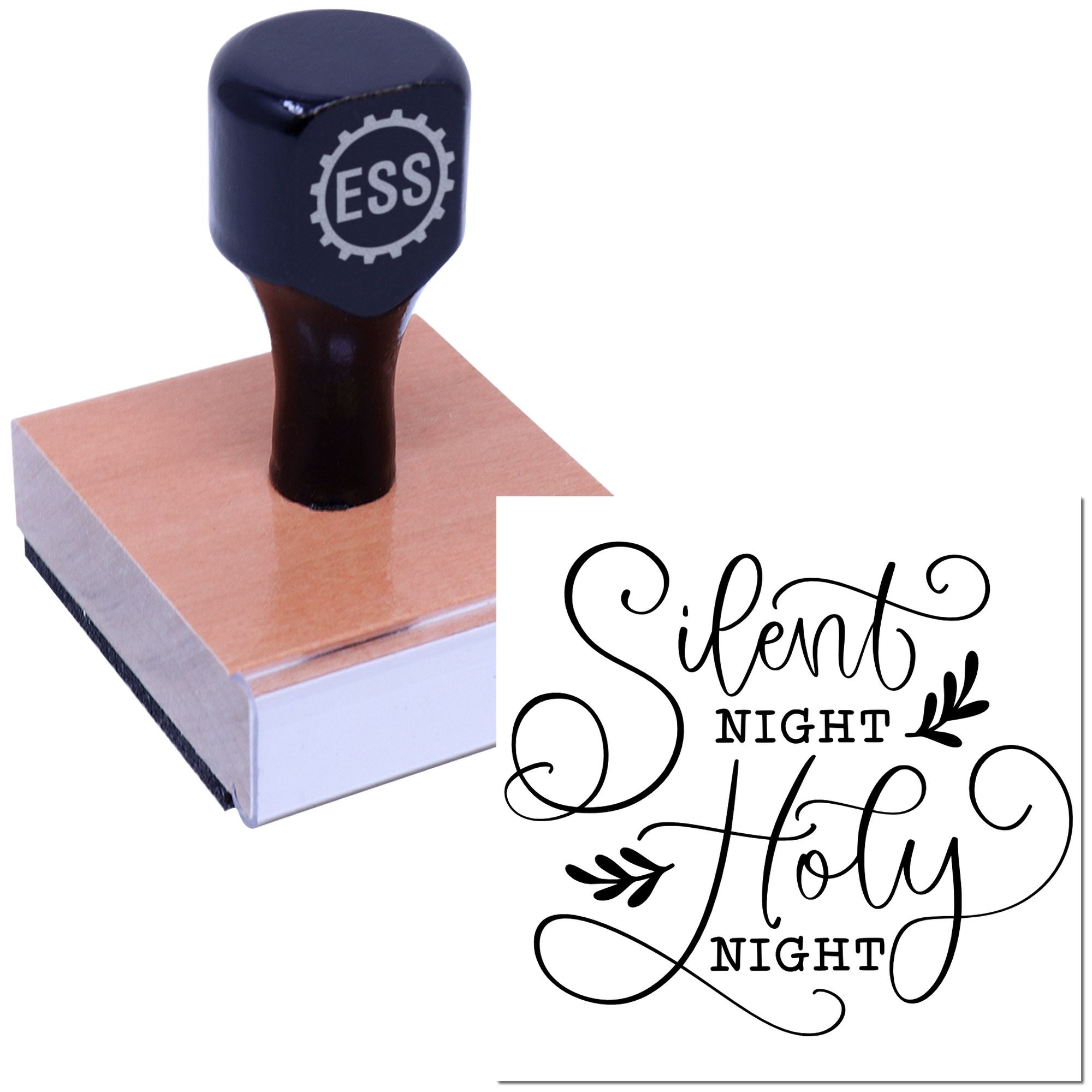 Dark navy ESS rubber stamp and seal on wood base, with black Silent Night Holy Night calligraphy