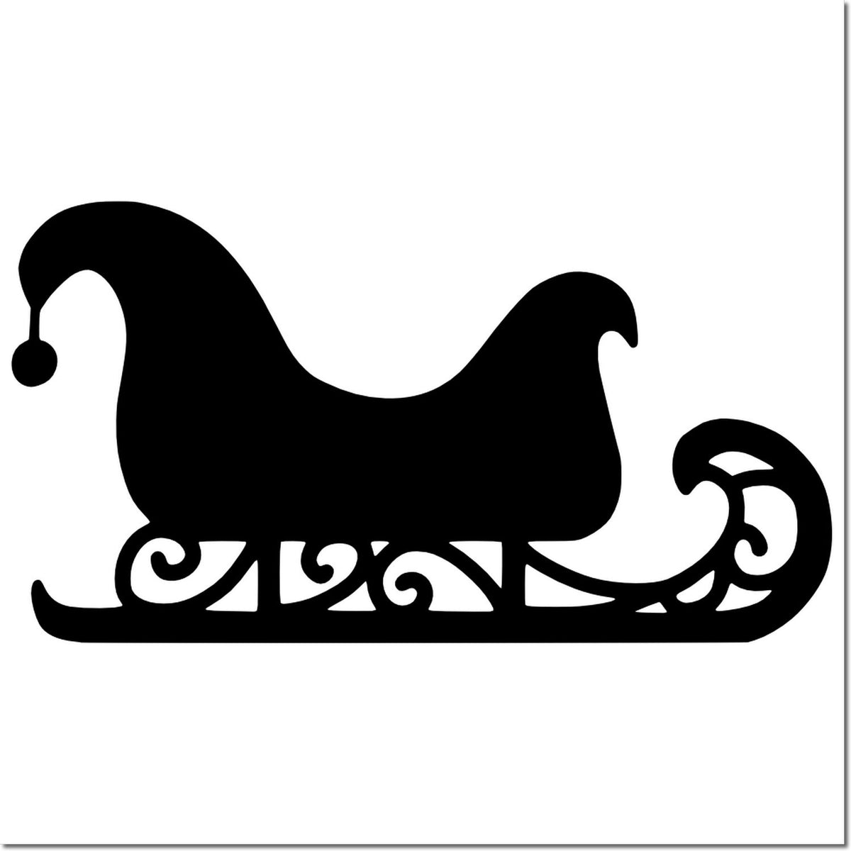 Black decorative sleigh silhouette with ornate scrollwork base, stamp and seal design on white background