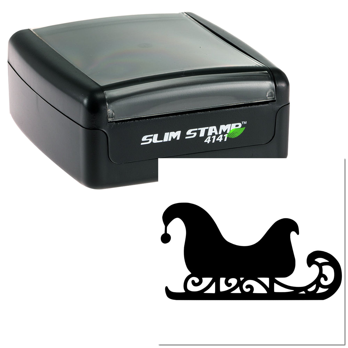 Black Slim Stamp 4141 self-inking stamp with gray top and black jester silhouette seal on white background