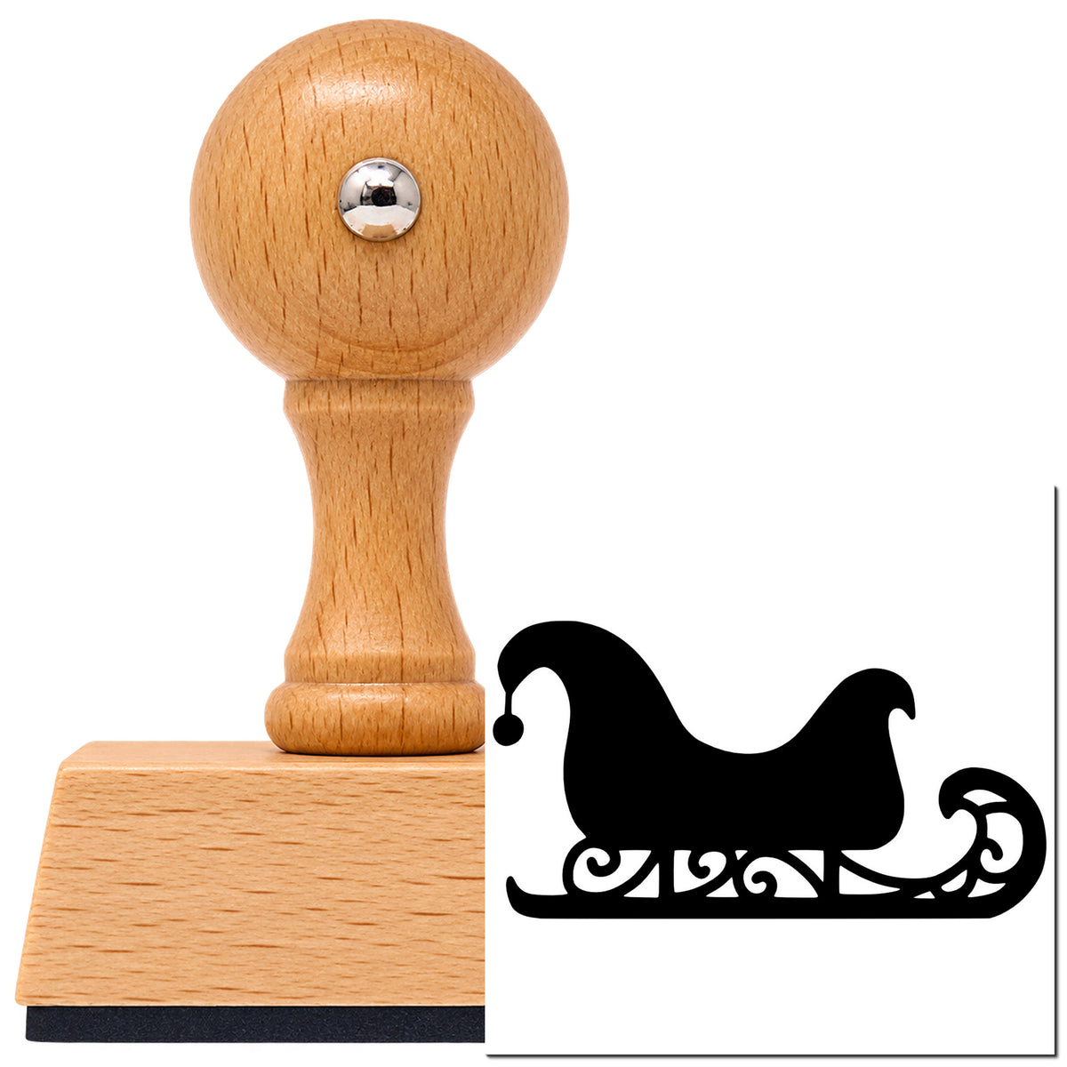 Vintage Pro beech wood stamp with a round knob handle, shown with its black Decorative Santa Sleigh imprint on white.