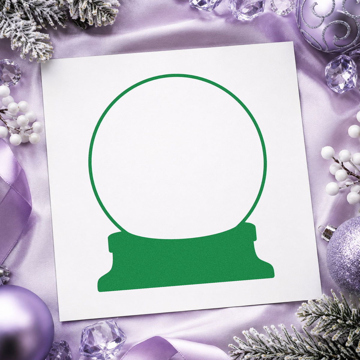 Empty Snow Globe Outline craft stamp imprinted in green ink on paper, a design suited to framed monogram globe.