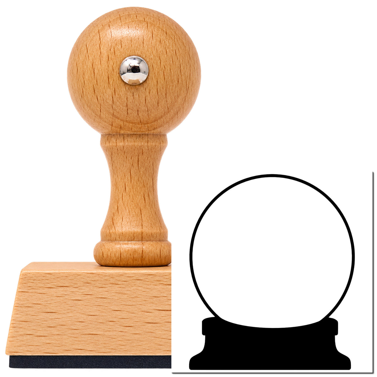 Vintage Pro beech wood stamp with a round knob handle, shown with its black Empty Snow Globe Outline imprint on white.