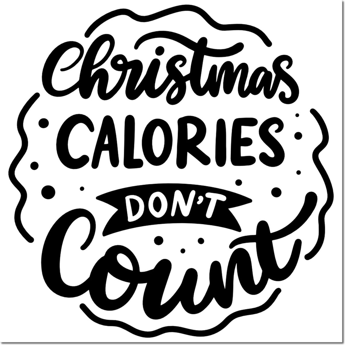 Black Christmas stamp seal with playful script reading Christmas Calories Dont Count on a white background.