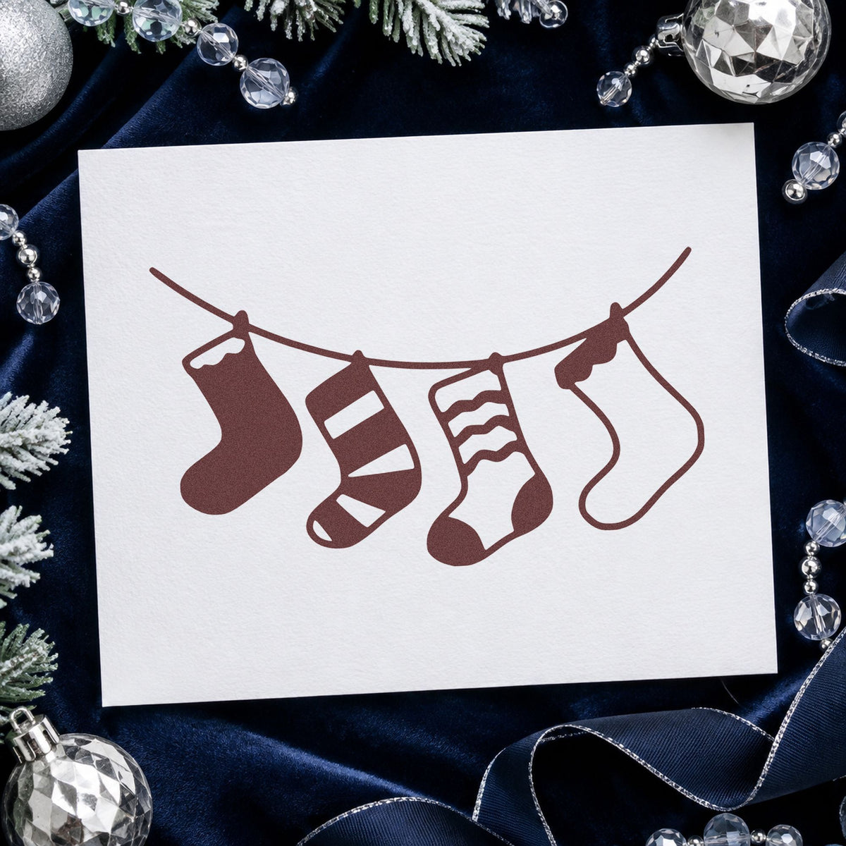 Four Hanging Christmas Stockings rubber stamp printed in brown ink, ready for family count chart and similar paper crafts.