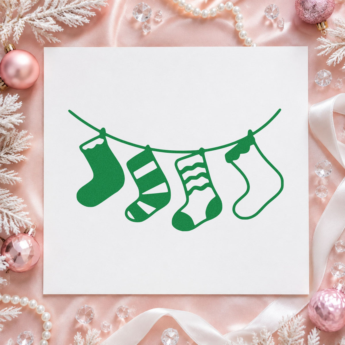 Four Hanging Christmas Stockings craft stamp imprinted in green ink on paper, a design suited to framed stair wall.