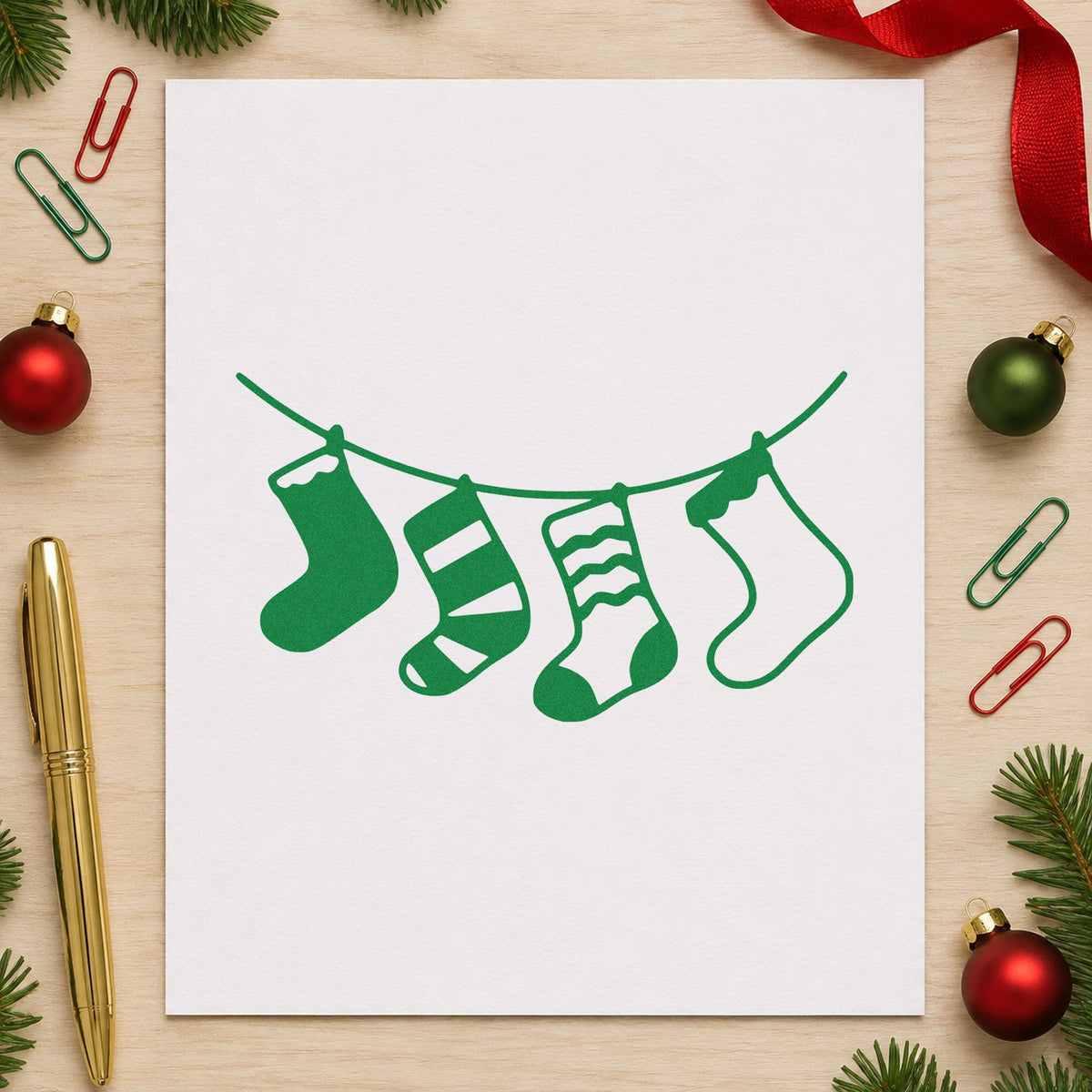 Four Hanging Christmas Stockings craft stamp imprint in green ink on a handmade project, one idea being hanger hook placards.