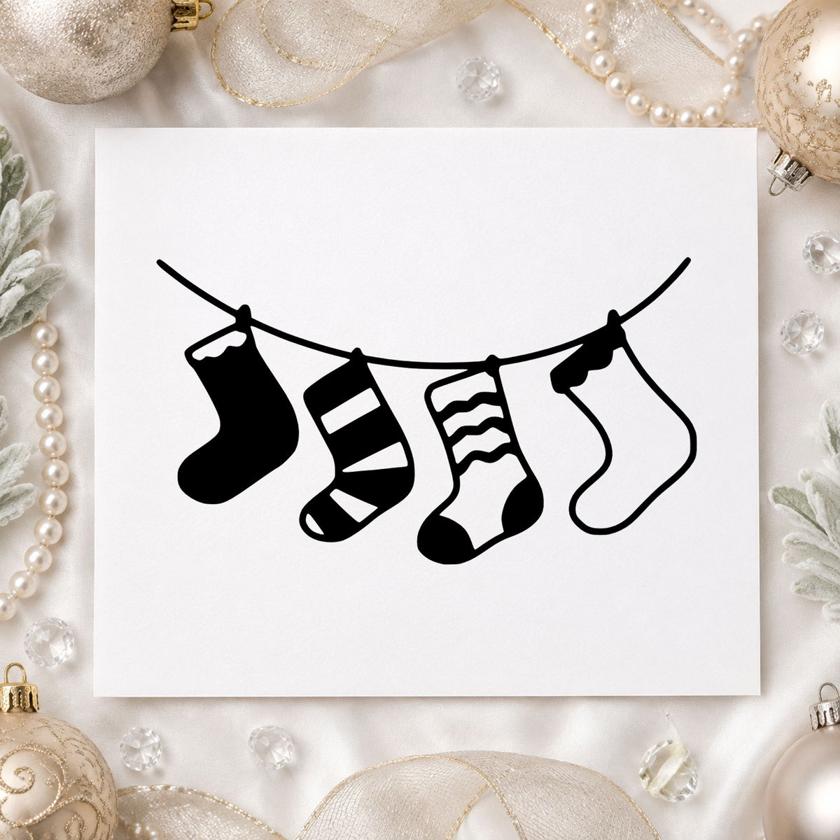 Four Hanging Christmas Stockings rubber stamp printed in black ink, ready for four stockings cards and similar paper crafts.