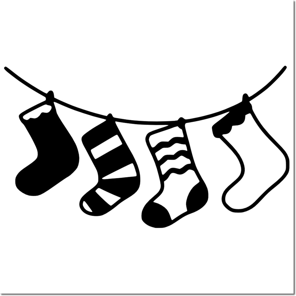 Black sock-shaped stamp and seal design hanging on a line, with four styles in solid black and white outline.