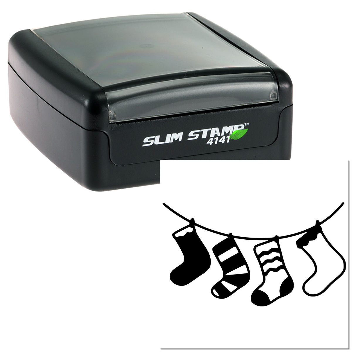 Black Slim Stamp 4141 self-inking stamp with translucent gray cover and sample hanging seal impressions.