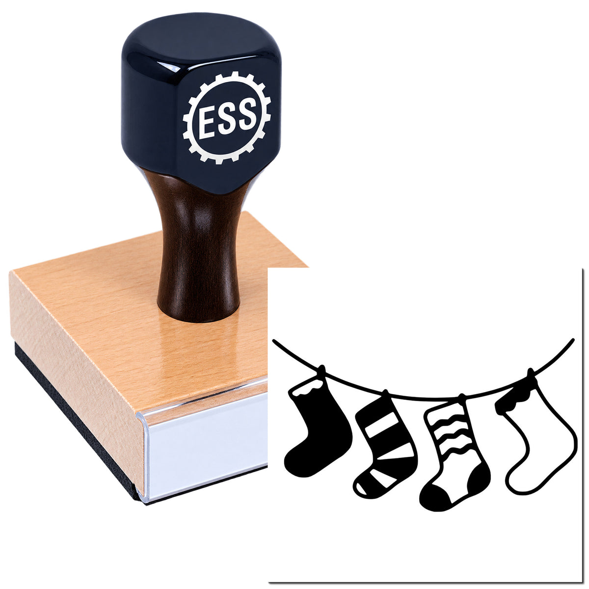 Black ESSI rubber stamp and seal on a wooden block, with hanging sock silhouettes on white.