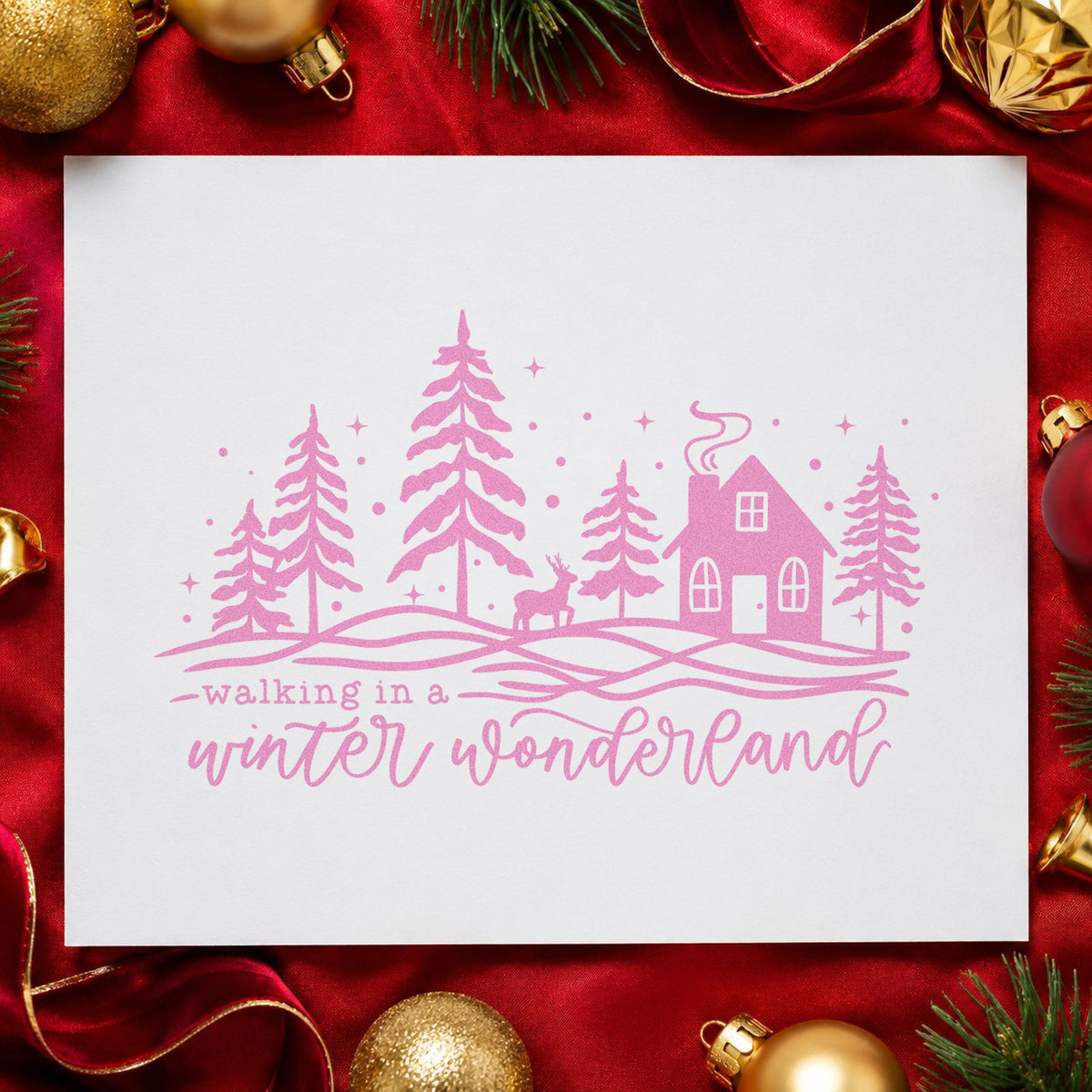 Walking Winter Wonderland Cottage craft stamp in purple ink on cardstock, an easy option for neighborhood album.