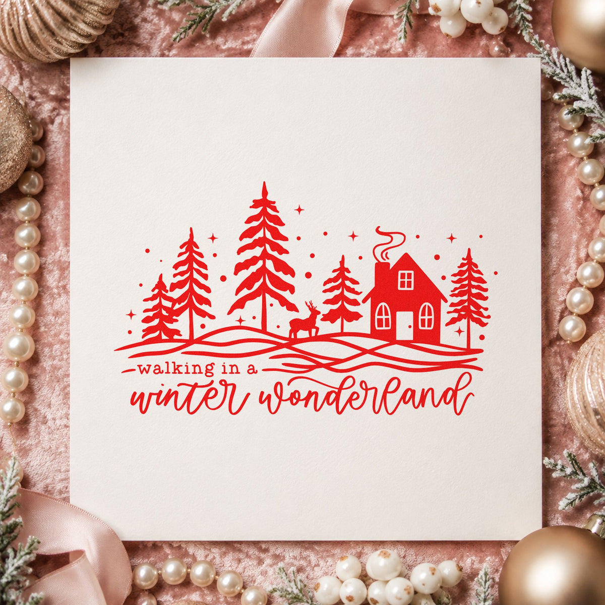Walking Winter Wonderland Cottage craft stamp in red ink on cardstock, an easy option for door mat printing.