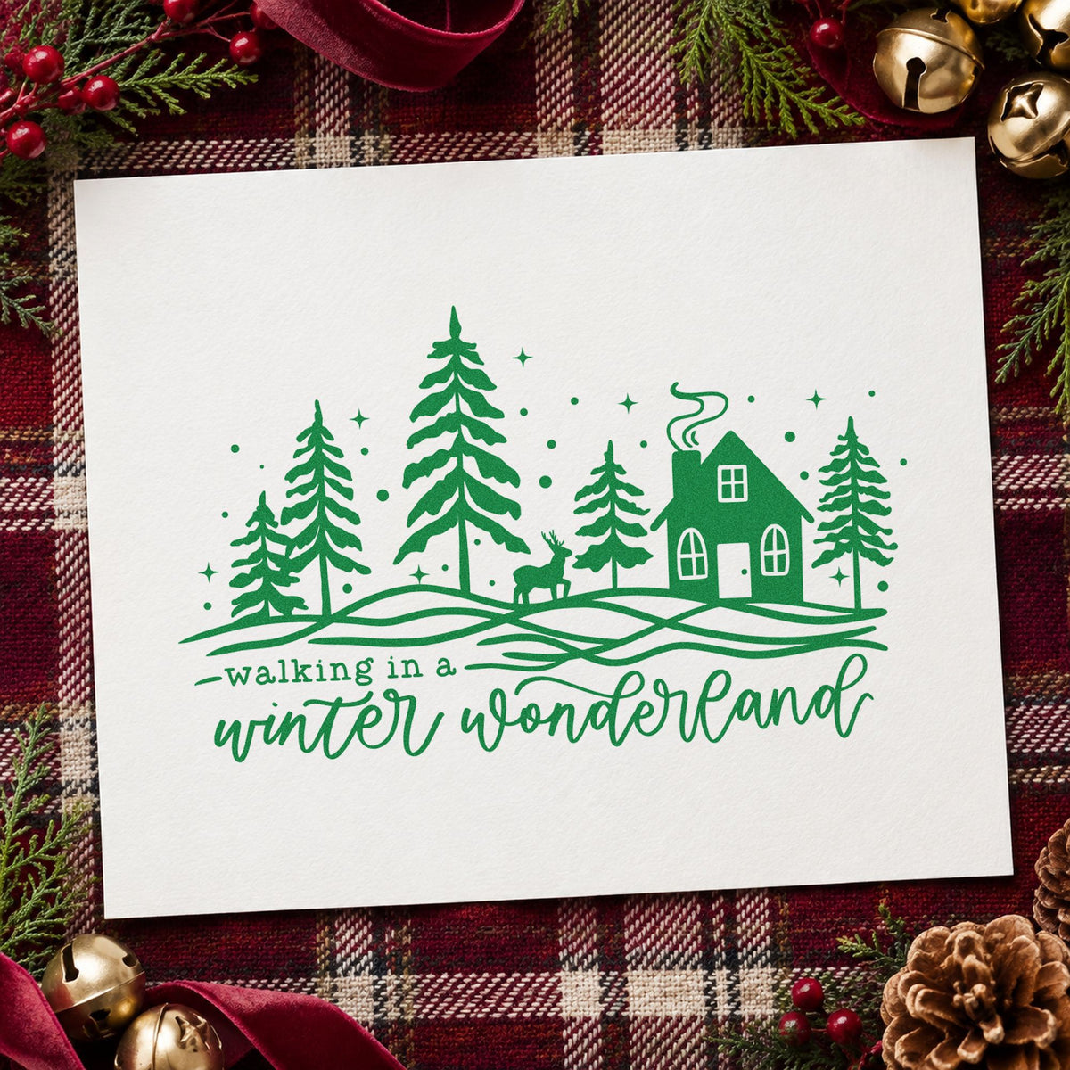 Walking Winter Wonderland Cottage craft stamp imprinted in green ink on paper, a design suited to framed stairway art.