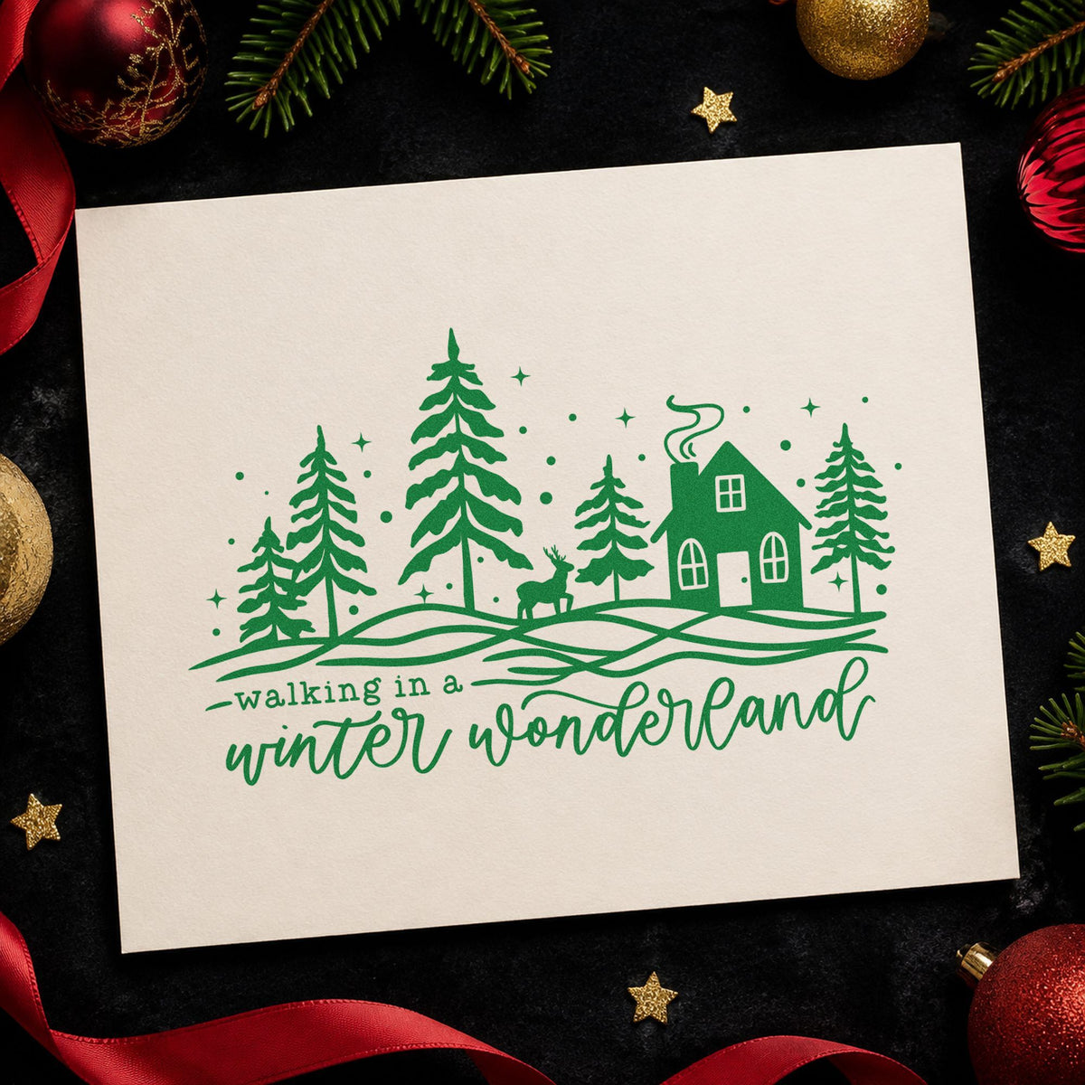 Walking Winter Wonderland Cottage craft stamp imprint in green ink on a handmade project, one idea being client gift enclosures.