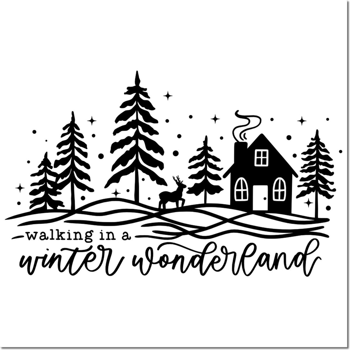 Black decorative stamp and seal with pine trees, cabin, deer, and walking in a winter wonderland text on white.