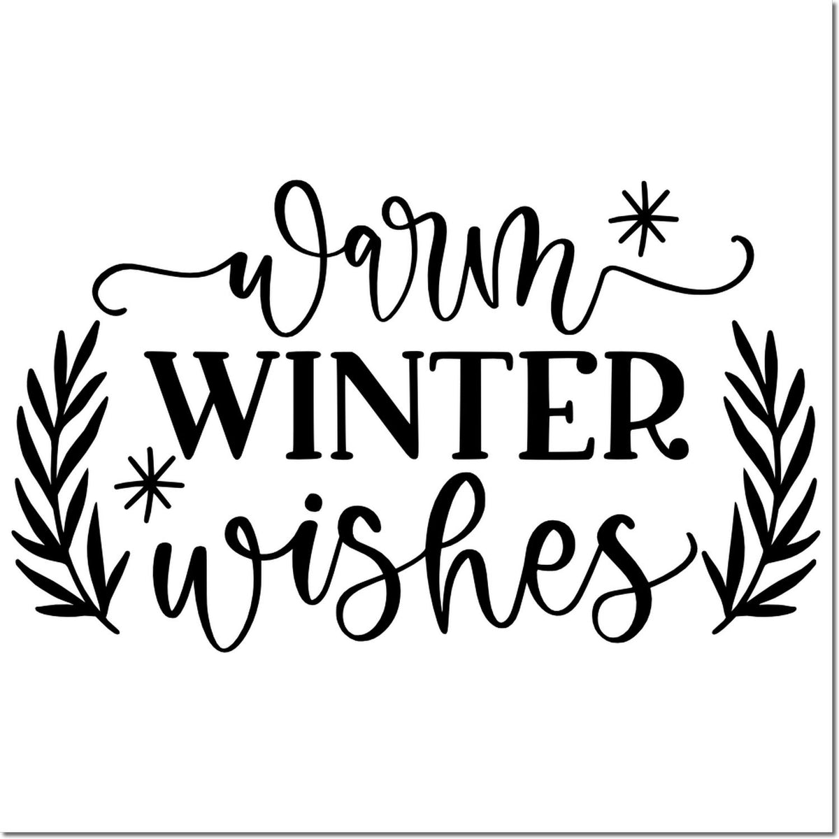 Black Warm Winter Wishes stamp seal with laurel branches and snowflakes on a white background.