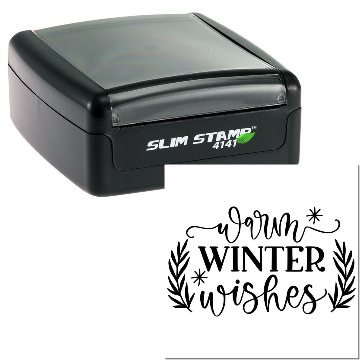 Black Slim Stamp 4141 self-inking stamp with black warm winter wishes seal design on white background.