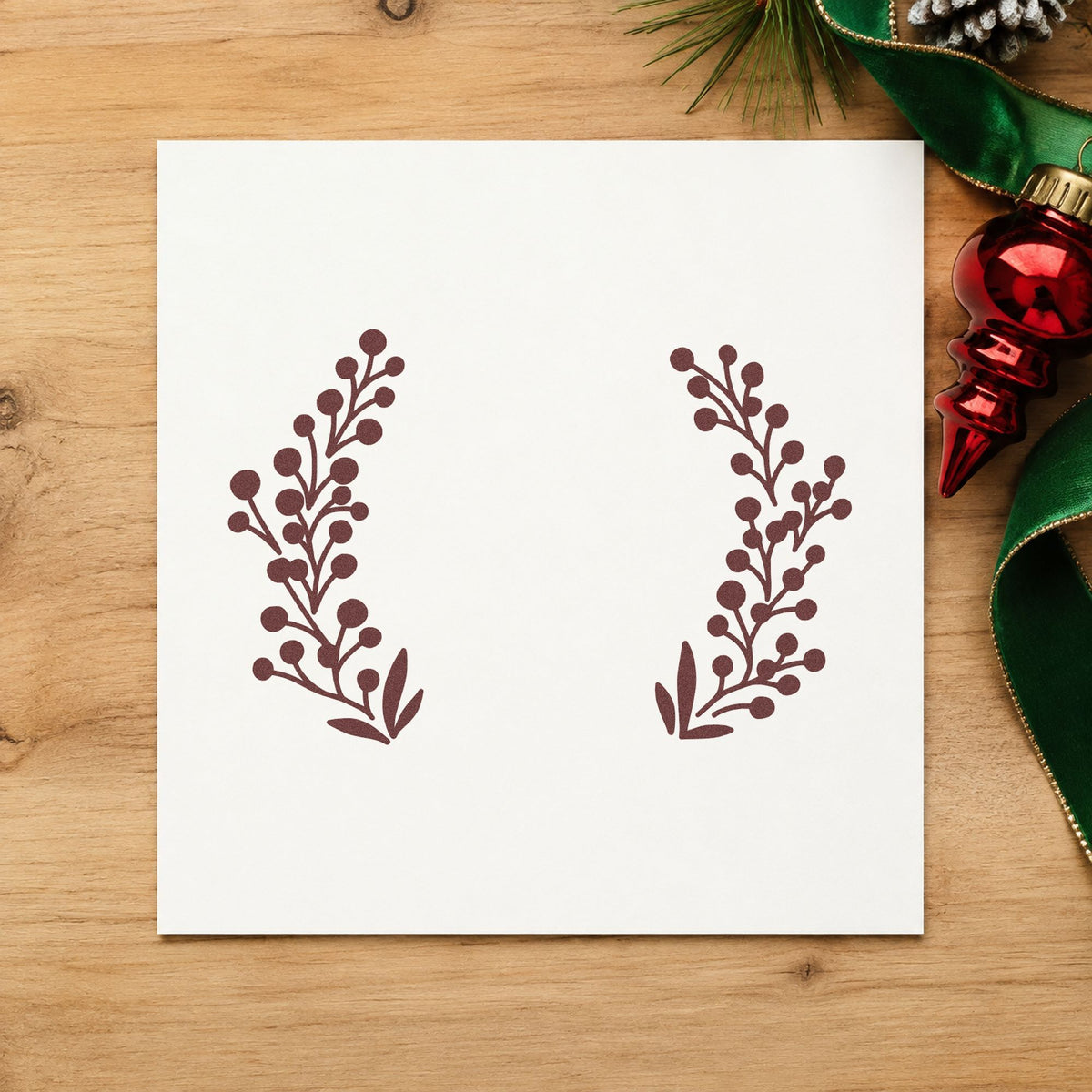 Open Berry Branch Wreath rubber stamp printed in brown ink, ready for date stamp planner and similar paper crafts.