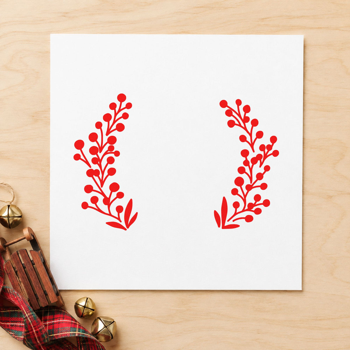 Open Berry Branch Wreath craft stamp in red ink on cardstock, an easy option for sack front printing.