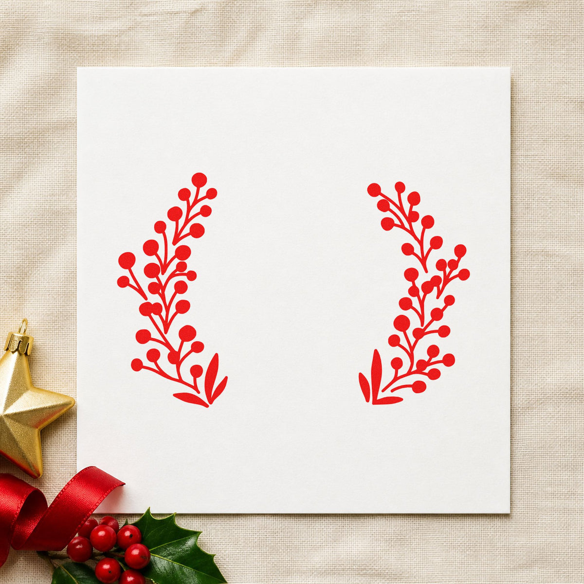 Open Berry Branch Wreath rubber stamp shown in red ink, stamped for projects such as batch code labels.