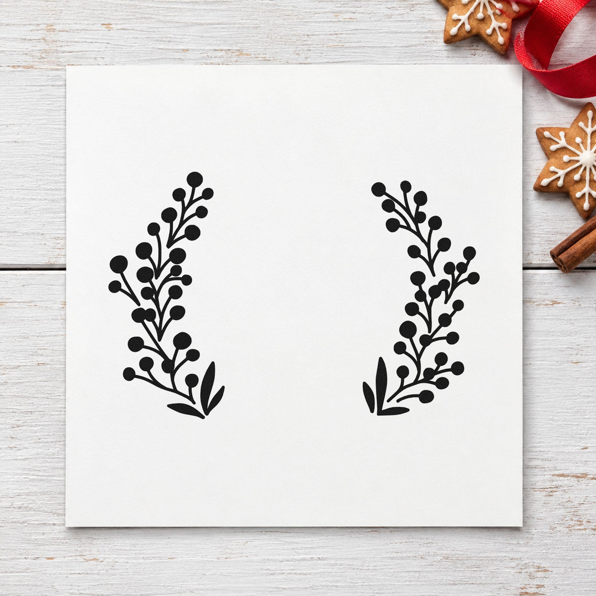 Open Berry Branch Wreath rubber stamp printed in black ink, ready for berry ring cards and similar paper crafts.