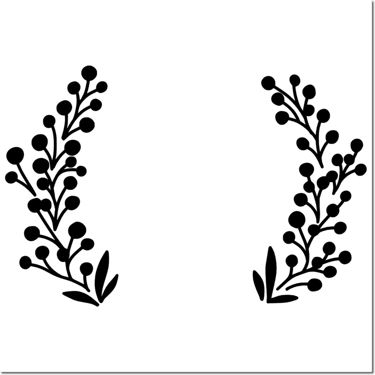 Black floral stamp and seal frame with symmetrical berry branches and leaves on white, open center for text.