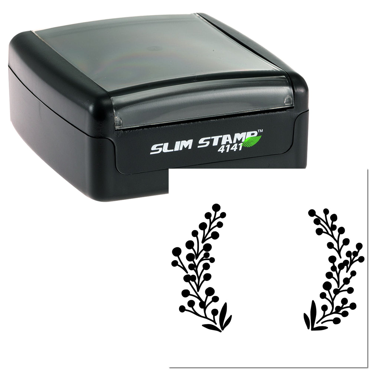 Black Slim Stamp 4141 self-inking stamp with translucent gray top and botanical seal design on white background.