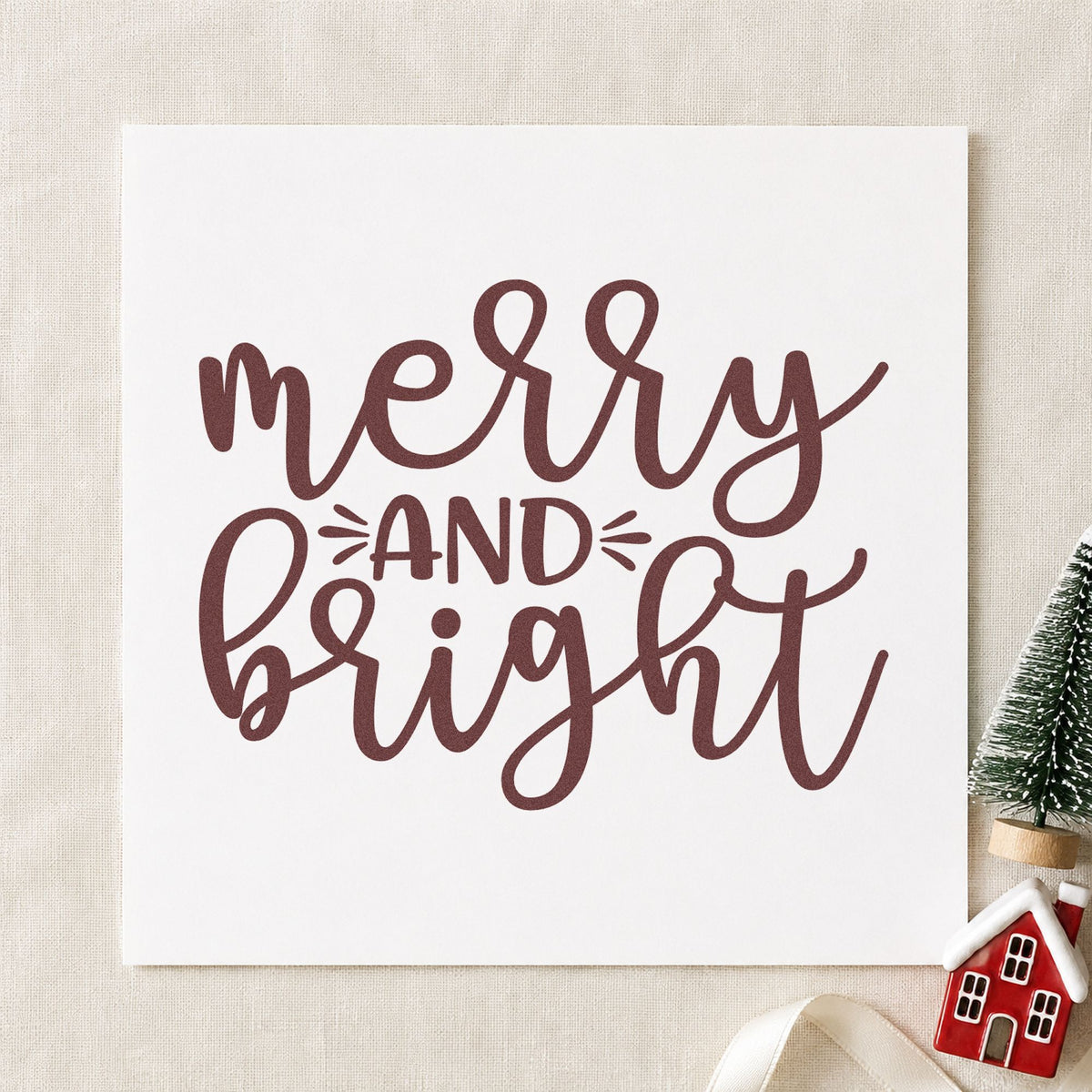 Merry And Bright Script rubber stamp printed in brown ink, ready for ribbon order sheet and similar paper crafts.