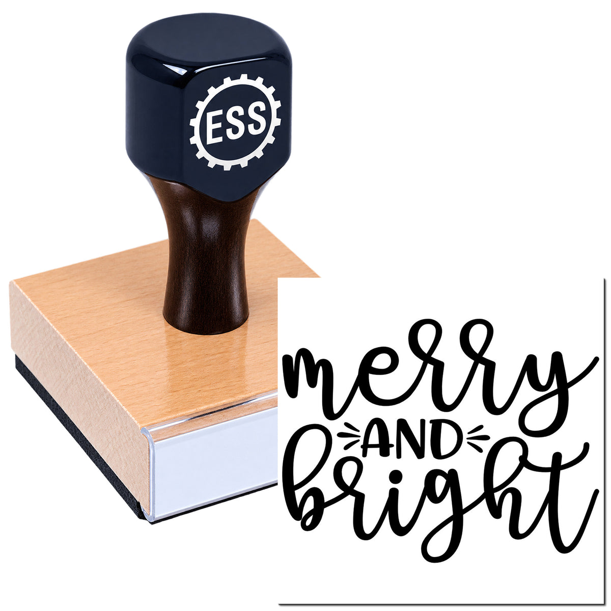 Navy ESS rubber stamp on a pink wooden block beside a black "merry and bright" seal design on white.