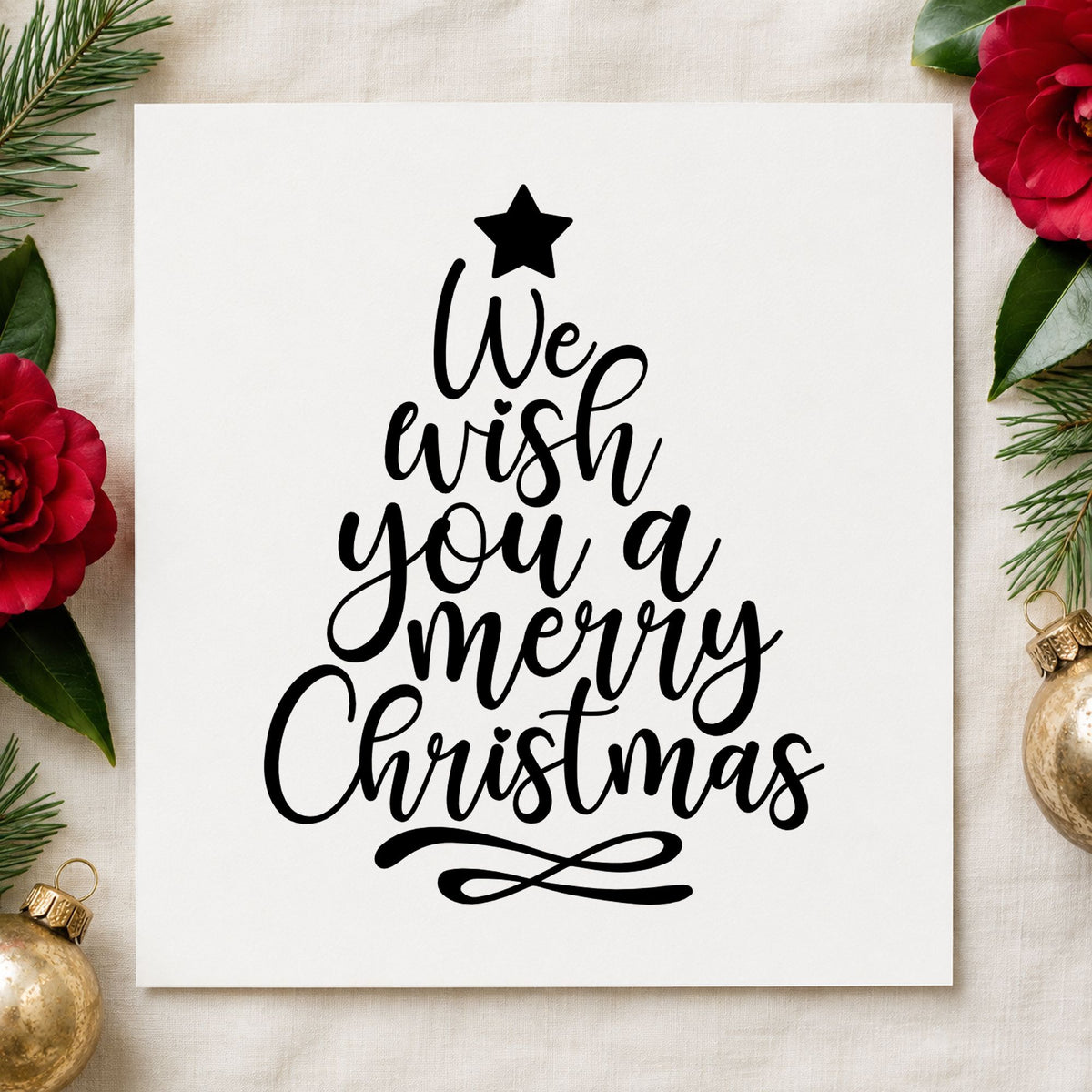 We Wish Merry Christmas Tree rubber stamp printed in black ink, ready for tree stack cards and similar paper crafts.
