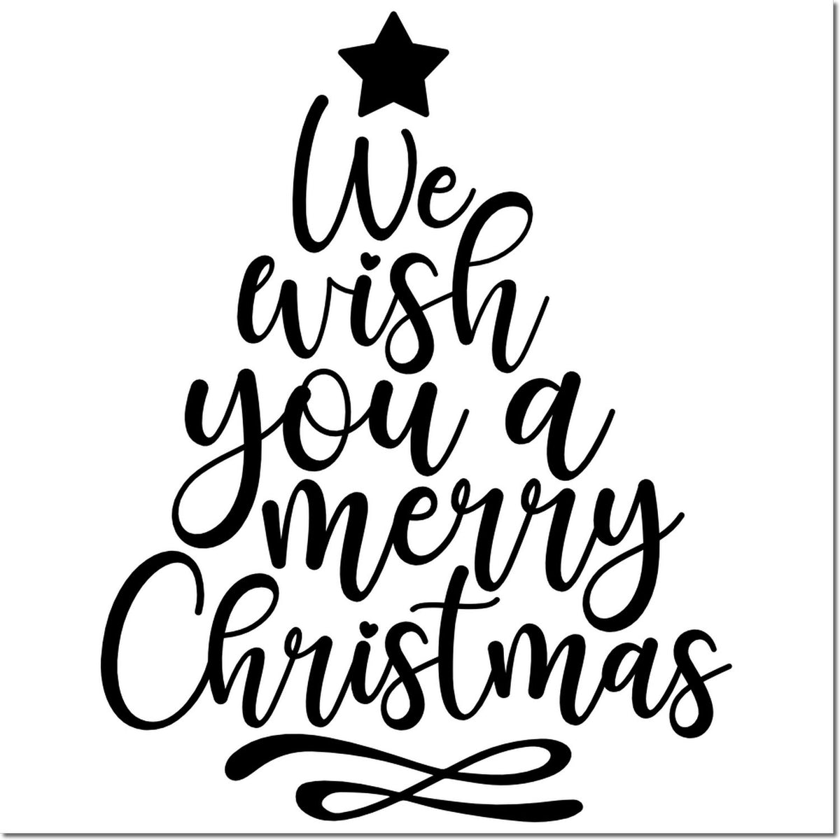 Black Christmas stamp design with star-topped script reading We wish you a Merry Christmas on white.