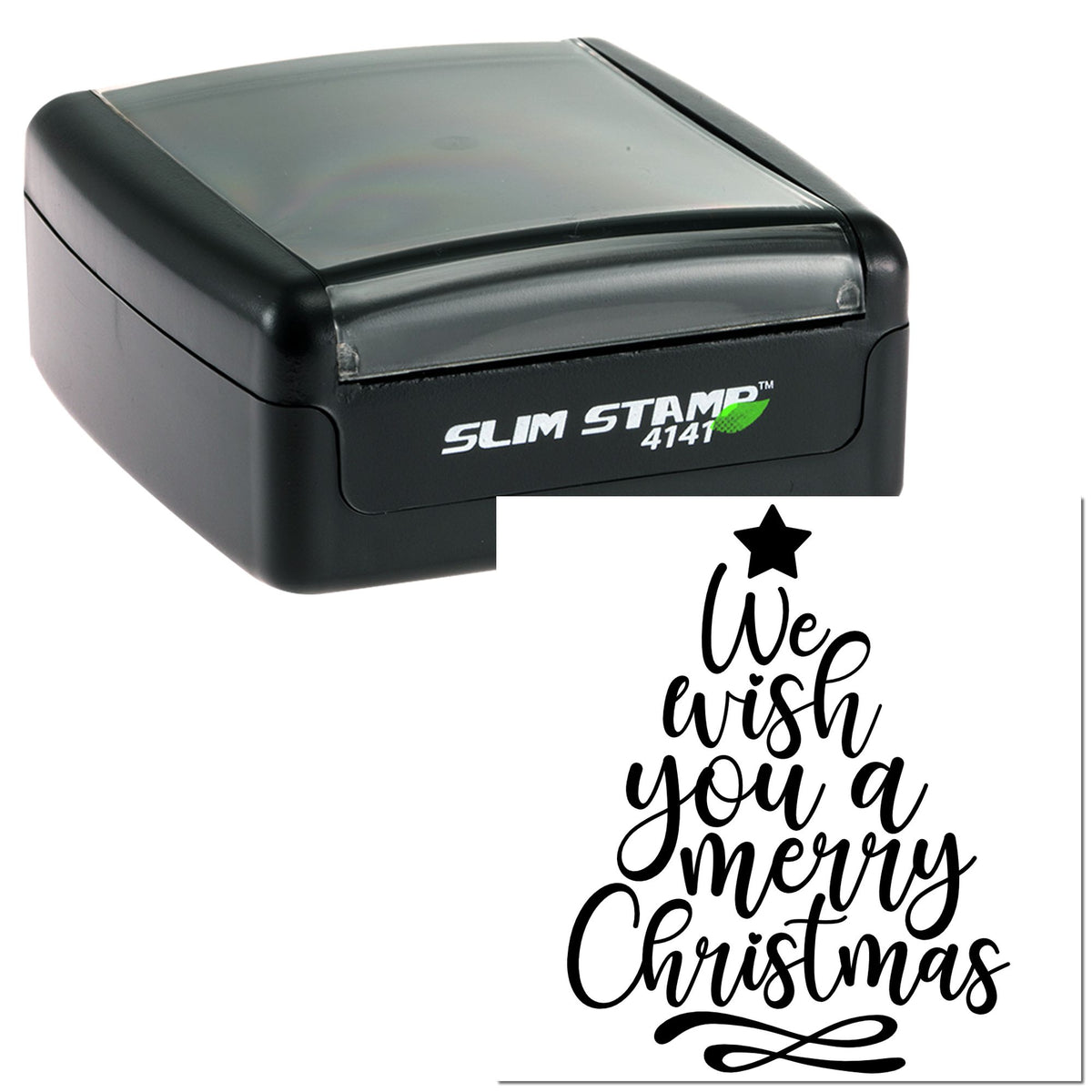 Black self-inking Slim Stamp 4141 with white Christmas seal reading We wish you a merry Christmas.