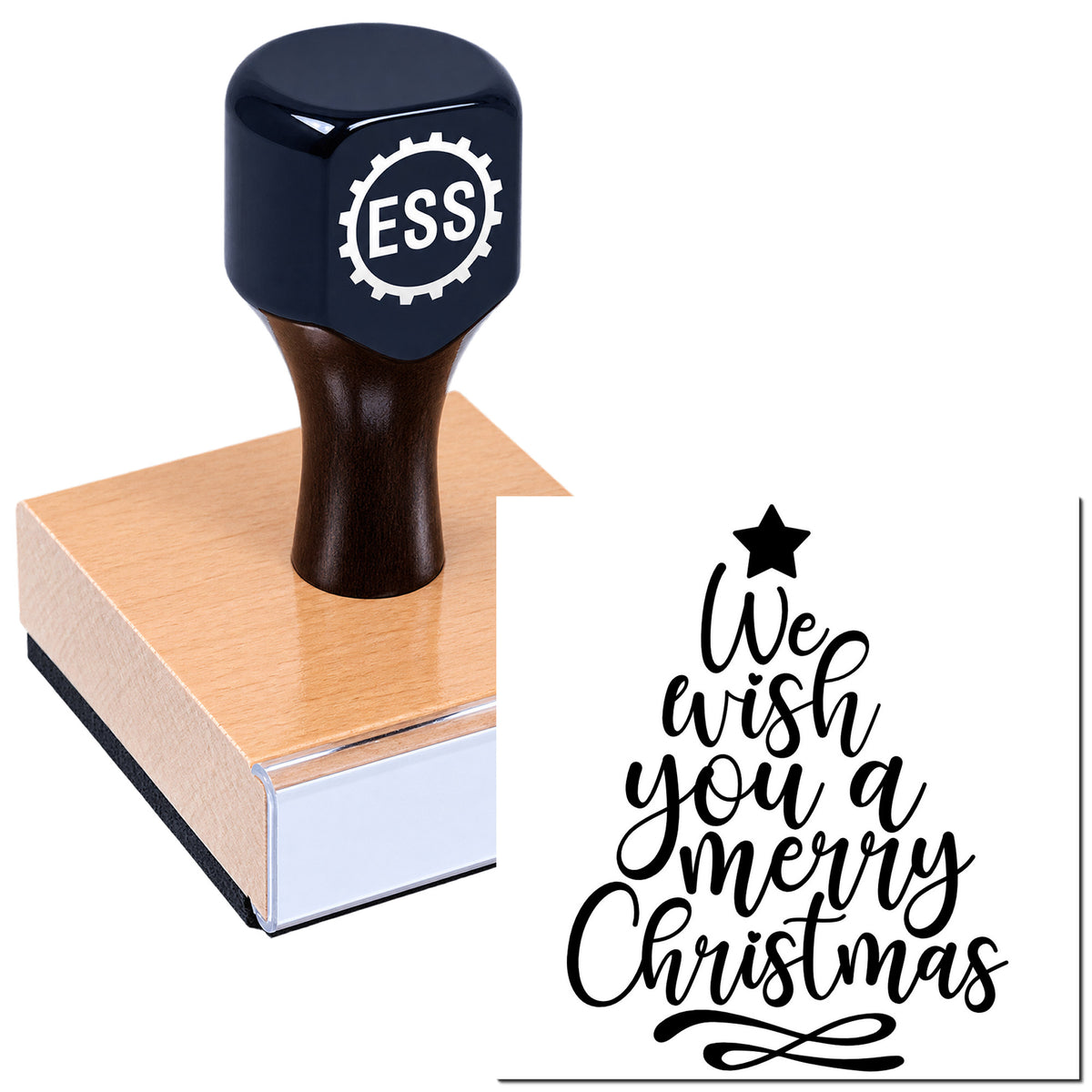 Dark navy ESS stamp and seal products with black script saying "We wish you a merry Christmas."