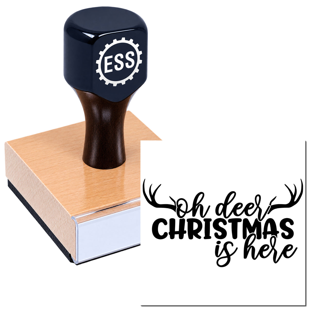 Black ESS custom stamp on a pink seal block, with "Oh deer Christmas is here" in black script and bold lettering.