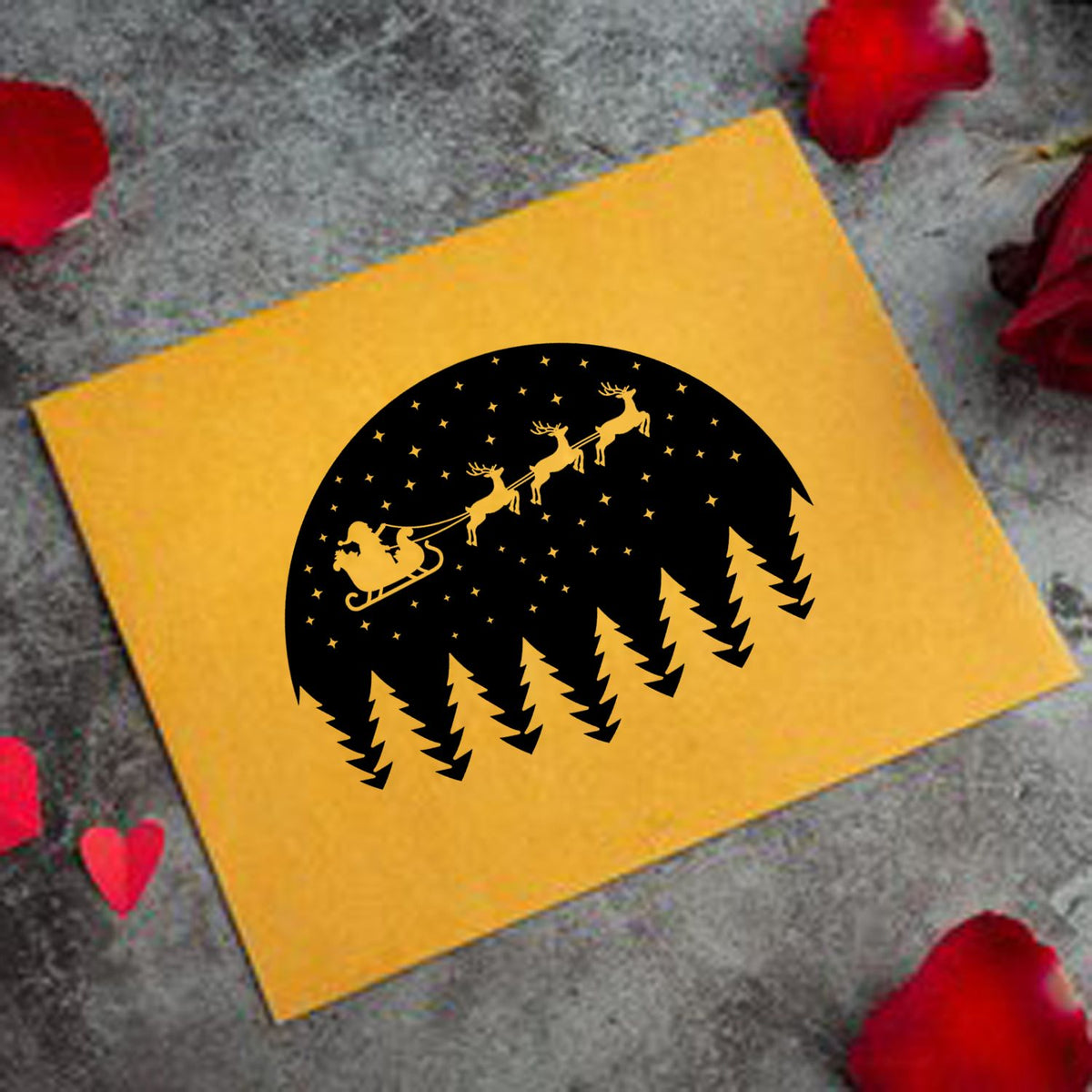 Black holiday stamp seal with Santa sleigh, reindeer, stars, and pine trees on a yellow card.