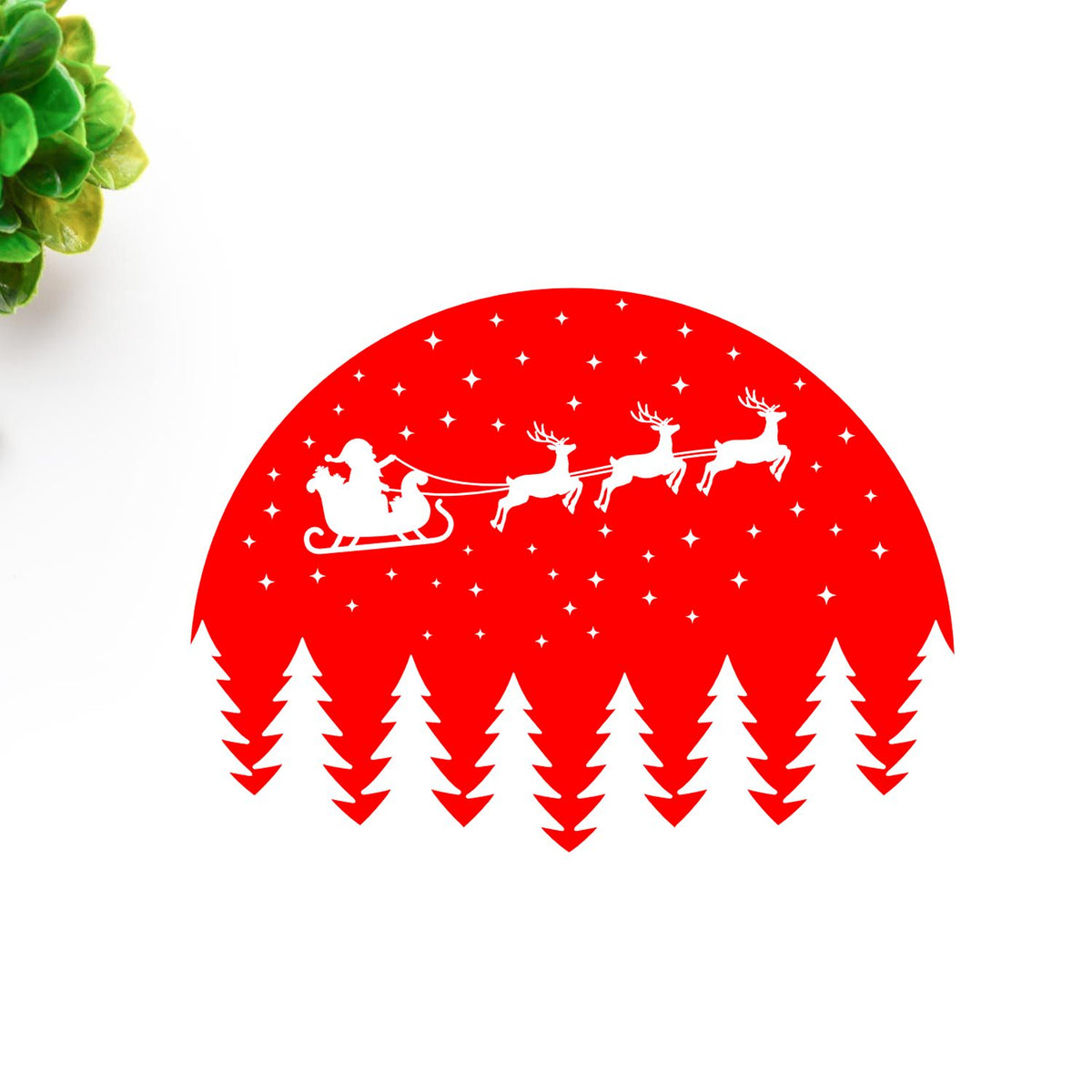 Red Christmas stamp seal with white Santa sleigh, reindeer, stars, and pine trees.
