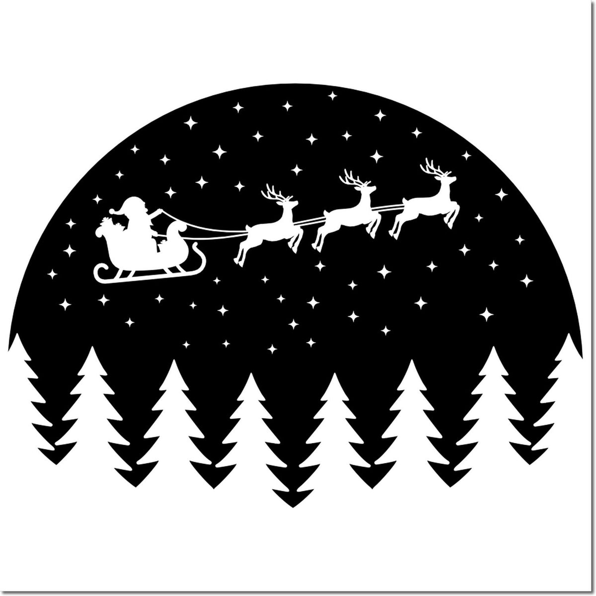 Black circular Christmas stamp seal with Santas sleigh, reindeer, stars, and white pine trees.