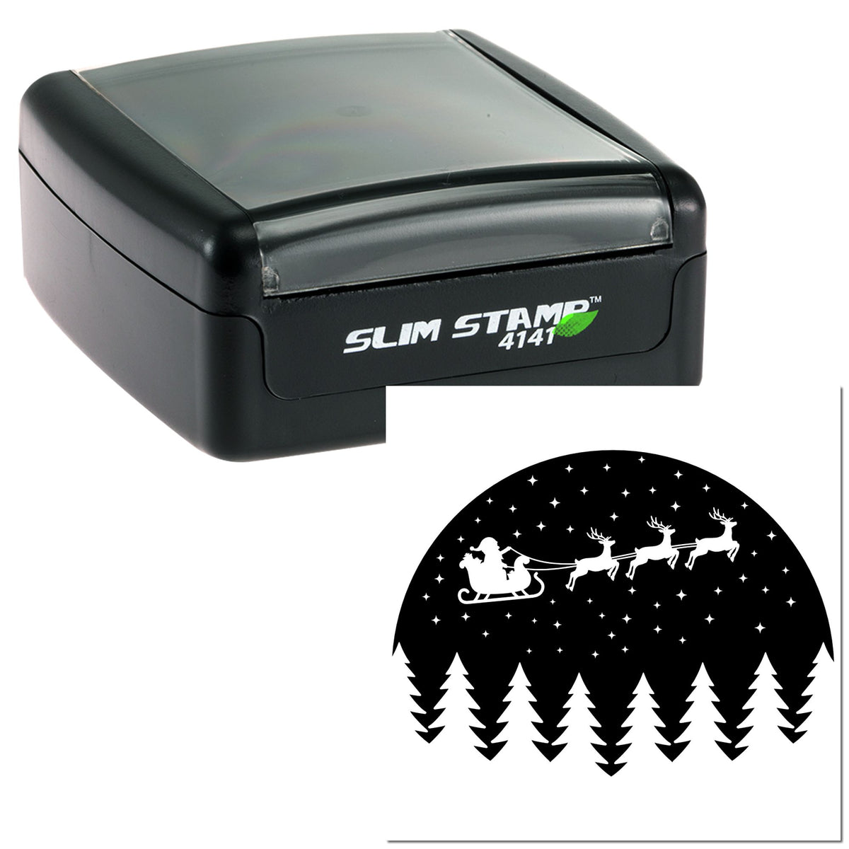 Black self-inking slim stamp and custom seal with white Santa sleigh, reindeer, stars, and pine trees design