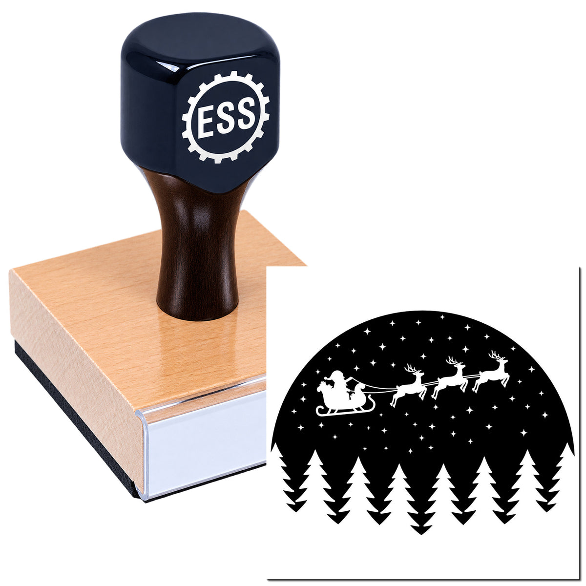Dark blue ESS rubber stamp on wooden block with Santa sleigh and reindeer seal design above pine trees