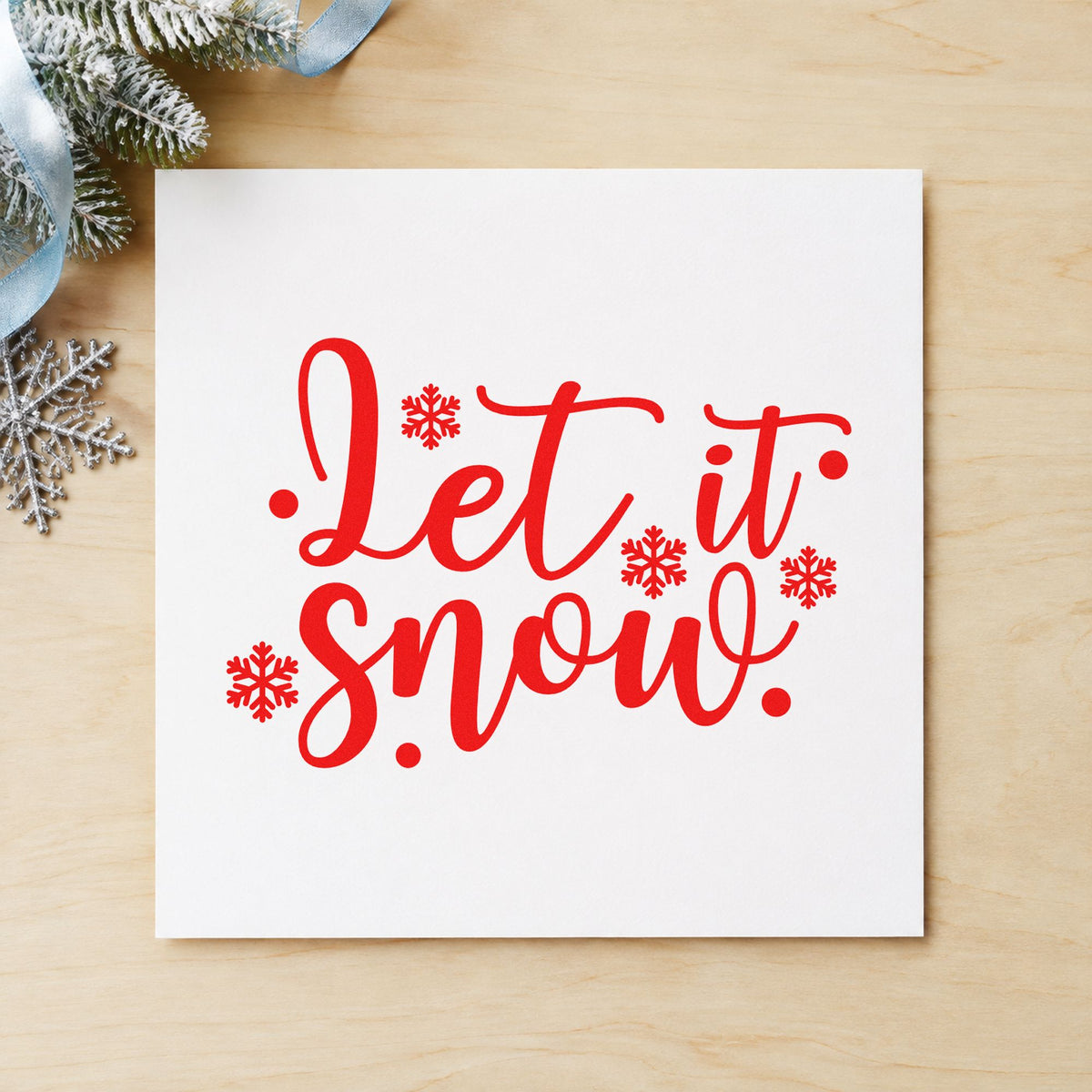 Let It Snow Snowflakes craft stamp in red ink on cardstock, an easy option for warmup jersey ink.