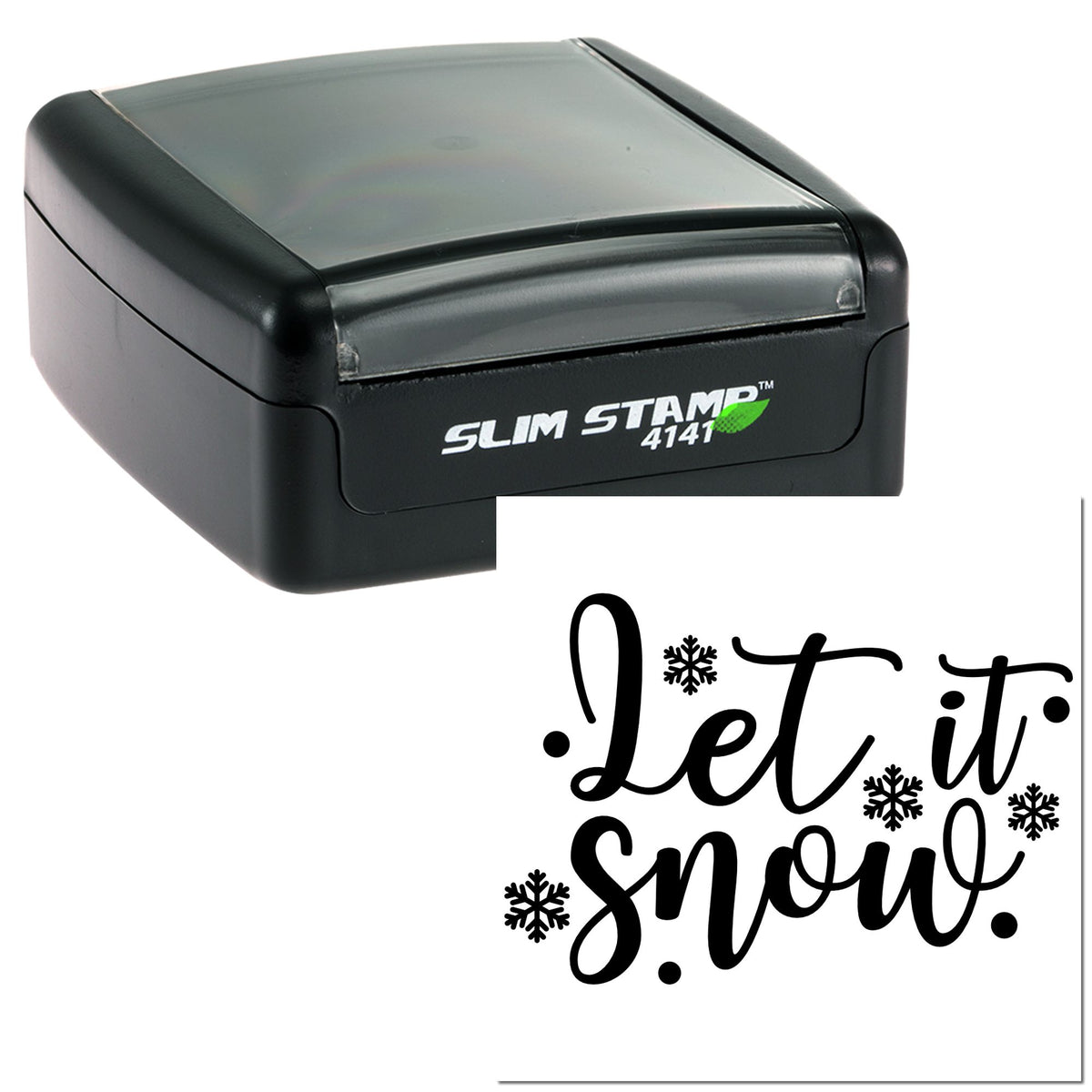 Black Slim Stamp 4141 with Let it Snow text and snowflakes, a custom stamp and seal on a white background.