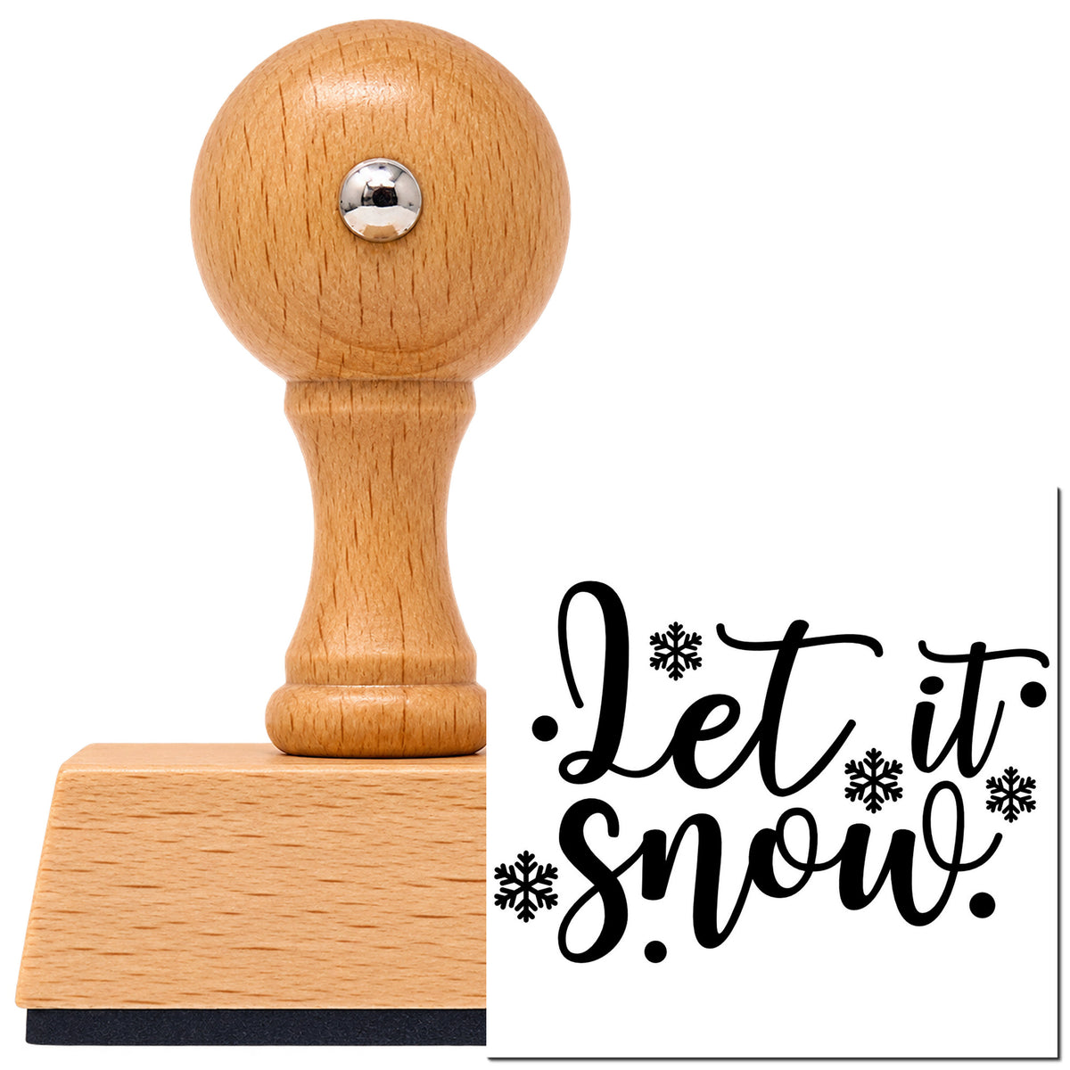 Vintage Pro beech wood stamp with a round knob handle, shown with its black Let It Snow Snowflakes Lettering imprint on white.