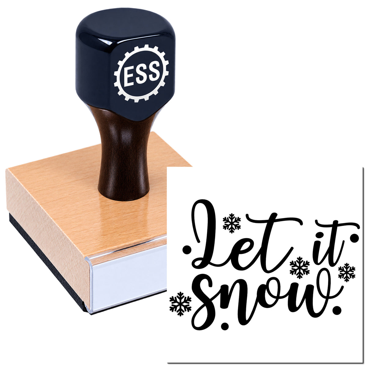 Black ESS stamp on a wooden block, with white "Let it Snow" seal design and snowflakes.