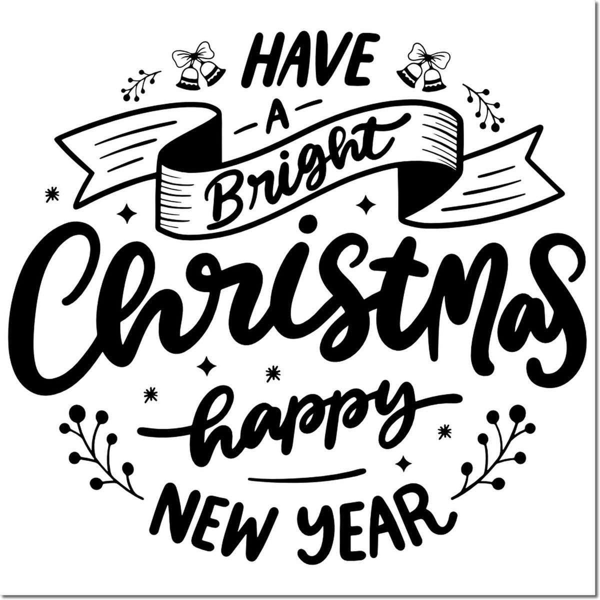 Black-and-white Christmas stamp and seal with bells, ribbon banner, and festive text: Have a Bright Christmas, Happy New Year.