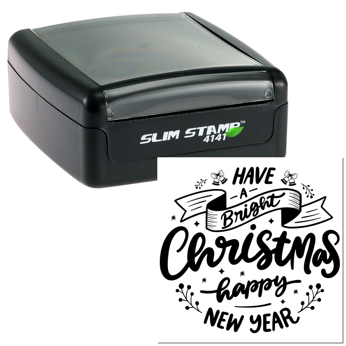 Black self-inking stamp with clear cover and festive seal reading Have a Bright Christmas, happy New Year.