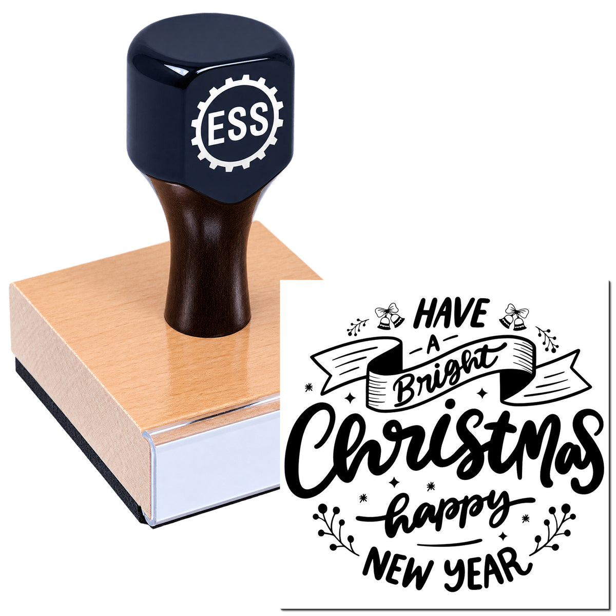 Black ESS rubber stamp on copper pad beside a white holiday seal reading Have a Bright Christmas Happy New Year.