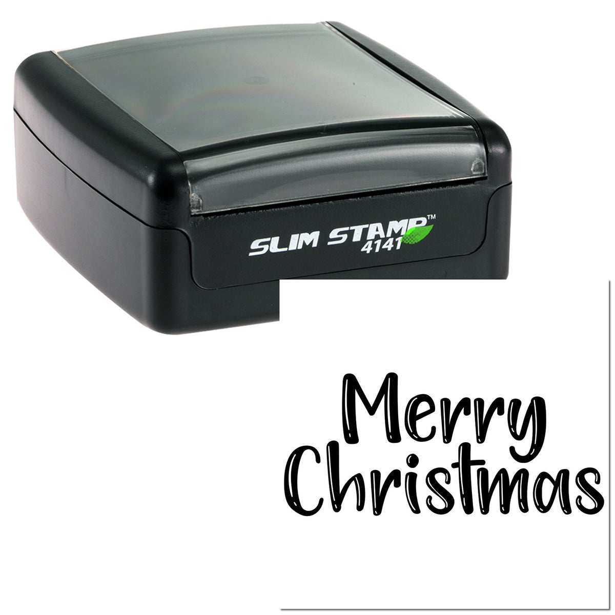 Black Slim Stamp self-inking stamp with gray lid and Merry Christmas seal in bold black script