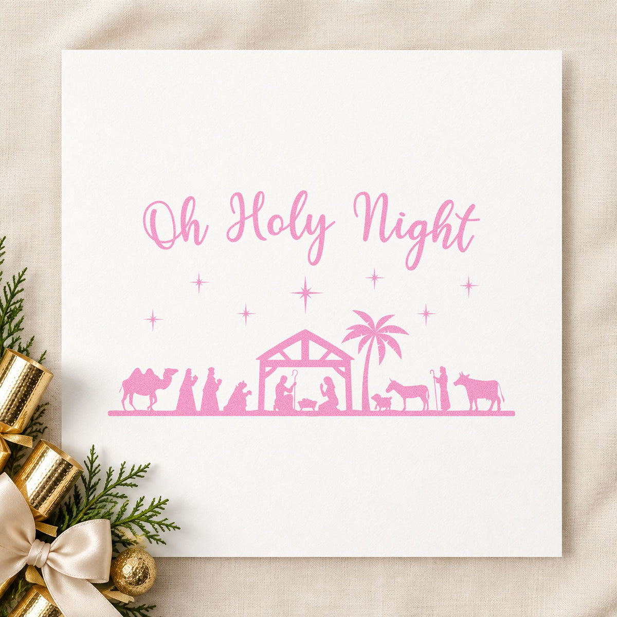 Oh Holy Night Nativity Scene craft stamp in purple ink on cardstock, an easy option for christmas story album.